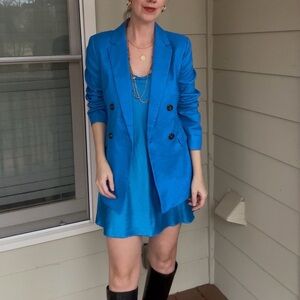 Ann Taylor Vibrant Blue Women’s Double-Breasted Blazer, Linen Blend Size 4